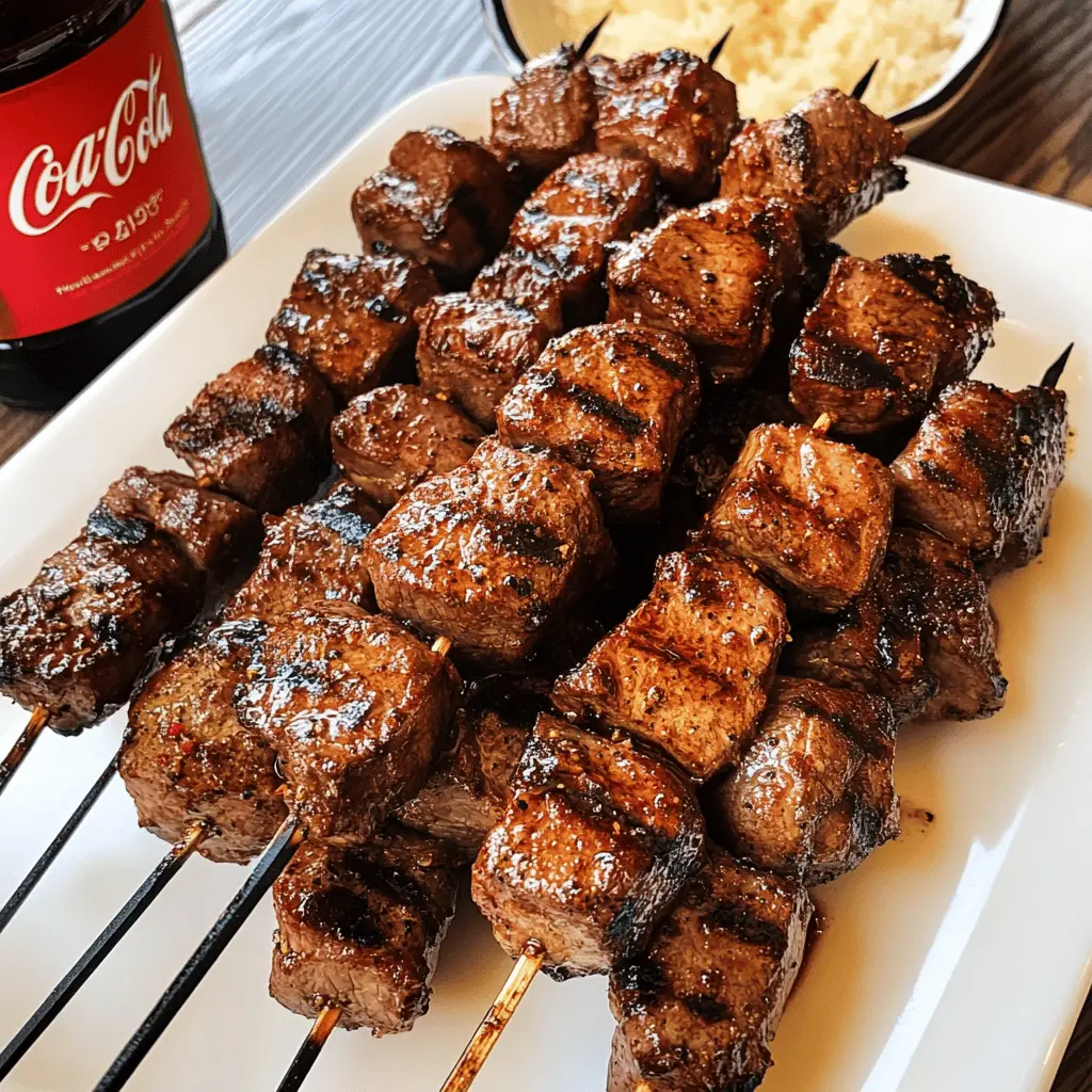 Fire up your grill for these Bourbon and Coke Steak Kabobs! Juicy marinated steak is paired with vibrant peppers and onions, making for a flavorful and fun dish. Perfect for summer barbecues or family gatherings. Don't forget to save this recipe for your next cookout! You'll want to impress your guests with these tasty kabobs full of sweet and smoky goodness.