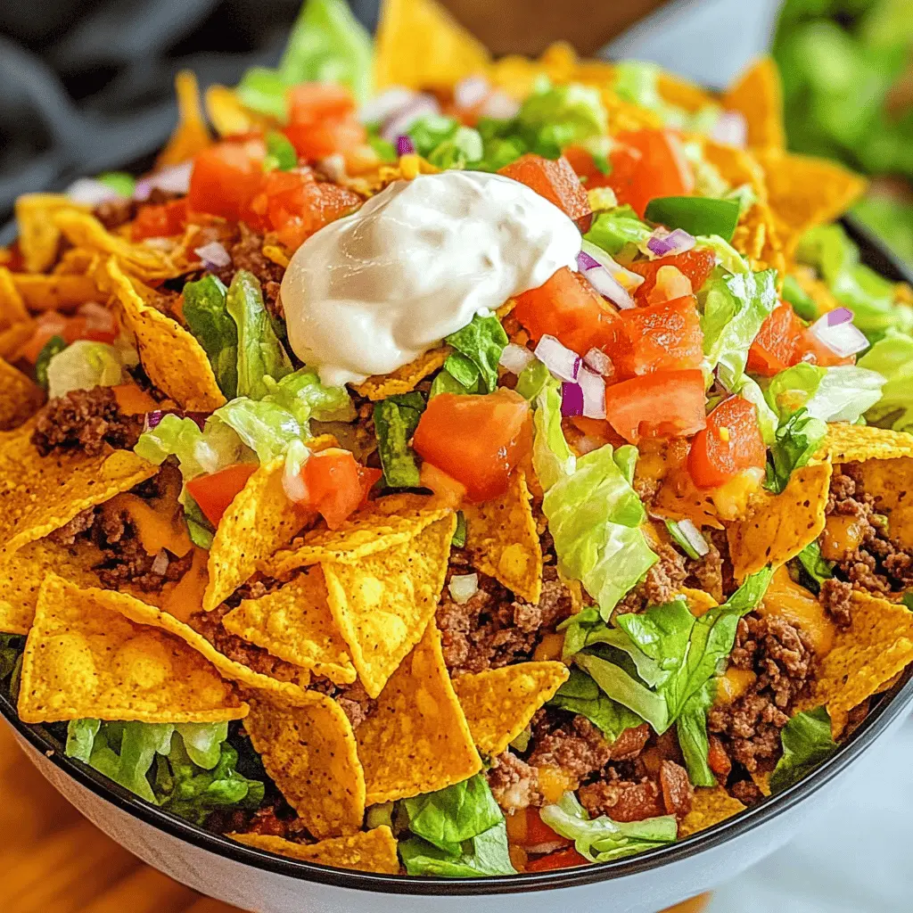 This Doritos Taco Salad is a fun and flavorful twist on a classic dish! Packed with crunchy Doritos, seasoned ground beef, fresh veggies, and a zesty dressing, it's perfect for parties or a quick weeknight meal. It's a crowd-pleaser that brings bold flavors to your table. Save this recipe to impress your friends at your next gathering!
