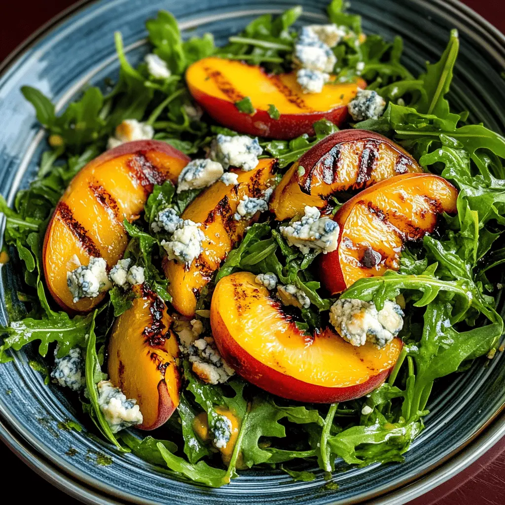 Fresh, juicy peaches meet peppery arugula in this delightful salad topped with creamy blue cheese. Perfect for summer gatherings, this grilled peach and arugula salad offers a burst of flavor that everyone will love. Save this recipe for your next cookout or picnic—it's a refreshing side that pairs beautifully with grilled meats!