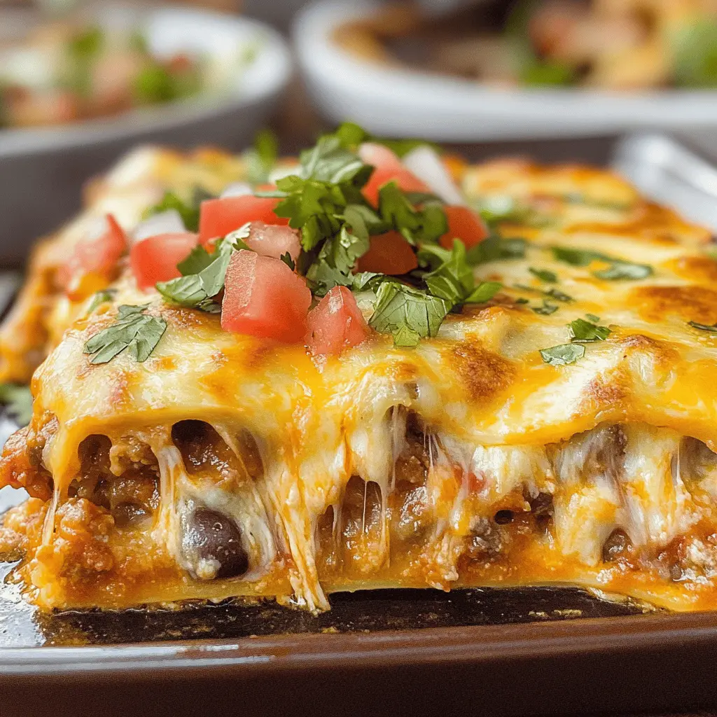 Layered goodness awaits with this vibrant Mexican Lasagna! Combining tortillas, seasoned ground beef, and zesty salsa, it's a fiesta of flavors. Topped with melted cheese, this dish is perfect for family dinners or weeknight meals. Save this recipe for a quick and delicious twist on lasagna that everyone will love!