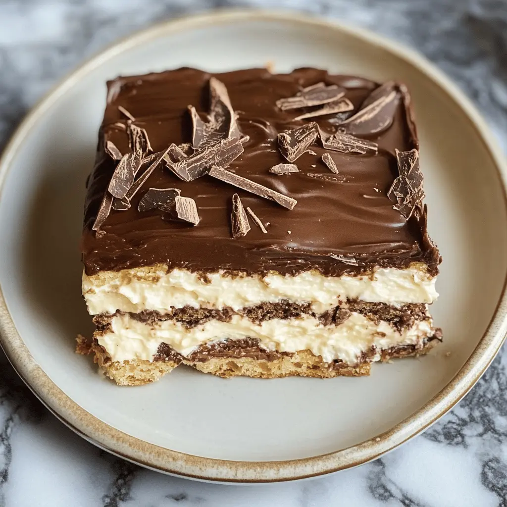 This No-Bake Chocolate Eclair Cake is a simple and delightful treat that’s perfect for any occasion! With layers of creamy vanilla pudding, fluffy whipped topping, and a rich chocolate glaze, it's sure to satisfy your sweet tooth. Save this recipe for your next gathering or as a special dessert for family dinners! Enjoy a delicious slice without the hassle of baking.