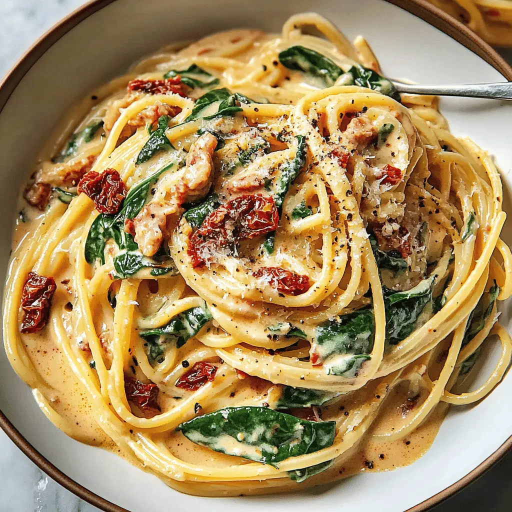 Looking for a delightful twist on classic spaghetti? This recipe features tender noodles tossed with vibrant spinach and a creamy sun-dried tomato sauce that's bursting with flavor. Perfect for a cozy dinner or a quick weeknight meal, this dish will impress everyone at your table. Save this recipe and give it a try for your next family gathering!