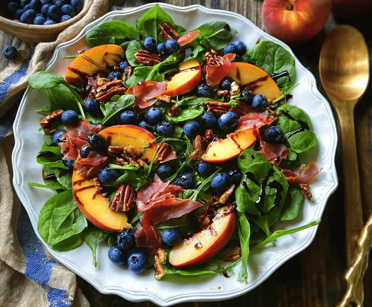 Fresh Peach Blueberry Spinach Salad With Pecans and Prosciutto