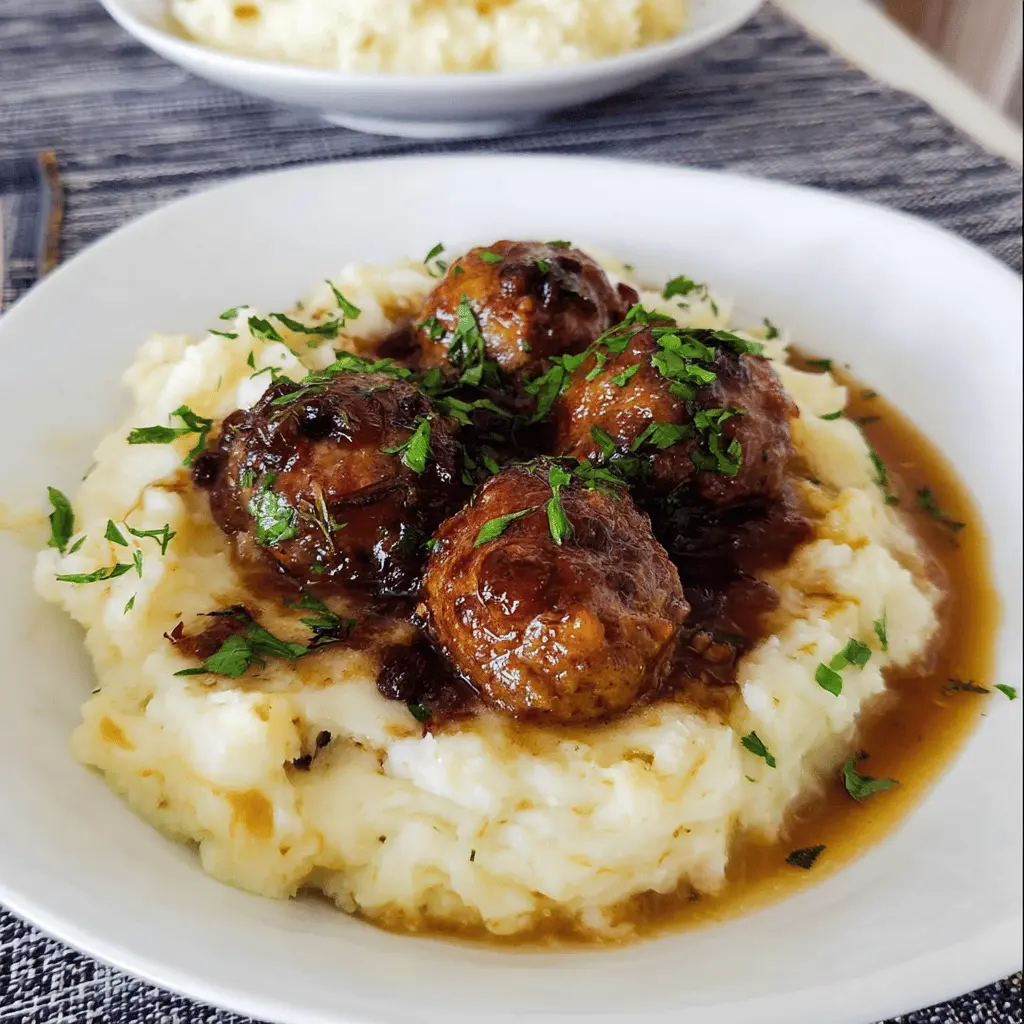Classic Salisbury Meatballs with Creamy Mashed Potatoes