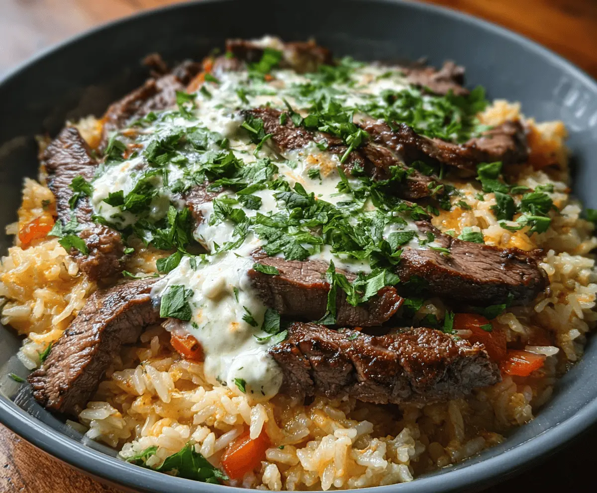Creamy Queso Rice with Tender Steak Strips