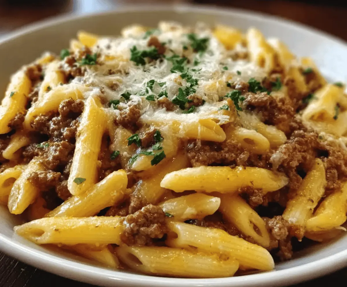 Cheesy Garlic Butter Penne with Ground Beef