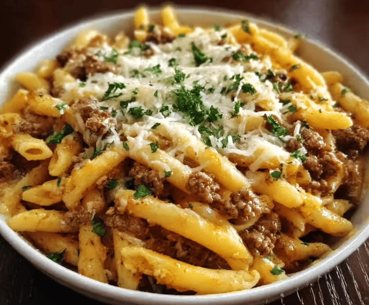 Cheesy Garlic Butter Penne with Ground Beef