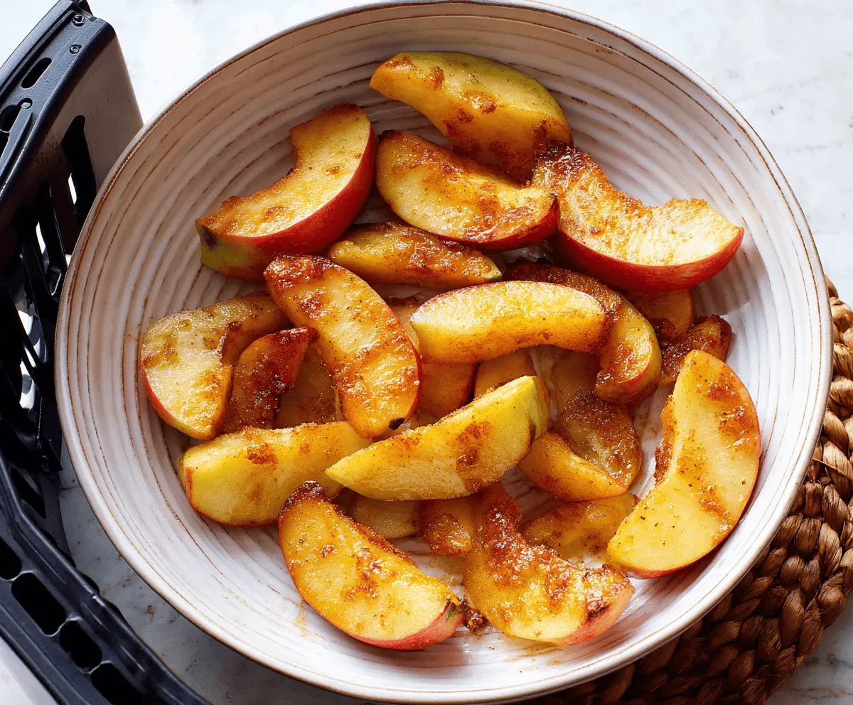 Delicious crispy air fryer apples served as a healthy snack or dessert, showcasing golden-brown caramelized slices in an air fryer.