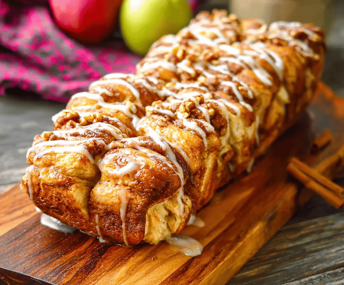 Delicious apple cinnamon pull apart bread topped with cinnamon sugar and apple slices, perfect for breakfast or dessert.