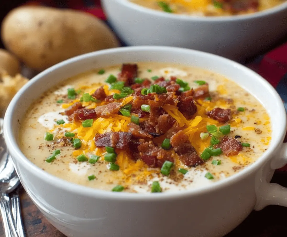 Creamy bacon and potato soup in a bowl topped with crispy bacon bits and fresh herbs, perfect for a cozy meal.