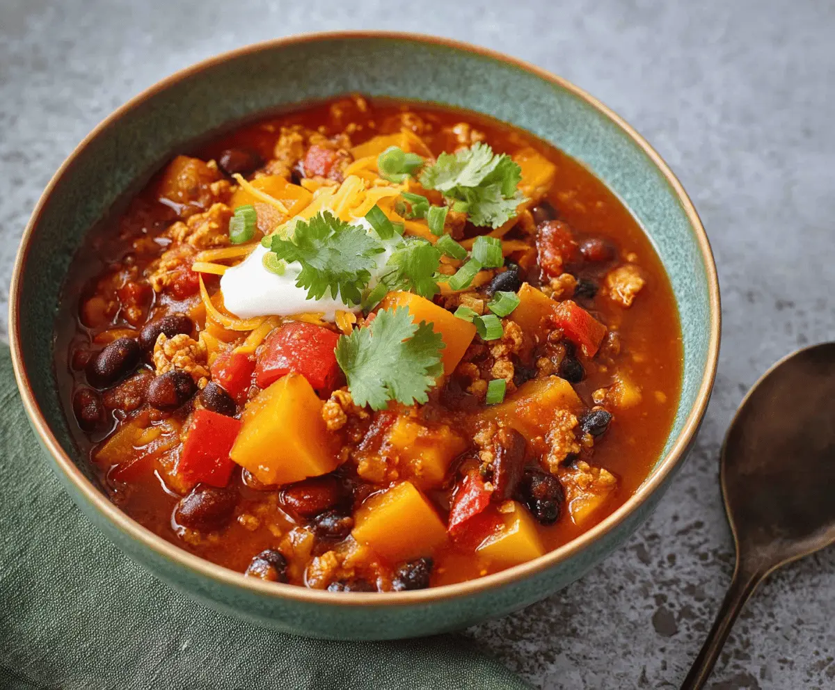 Hearty bowl of butternut squash chili with beans and vegetables in a rustic bowl, perfect for a comforting winter meal