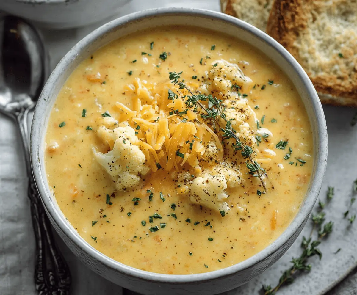 Creamy Cheddar Cauliflower Soup in a bowl garnished with fresh herbs, served with crusty bread for a comforting, cheesy vegetable appetizer.