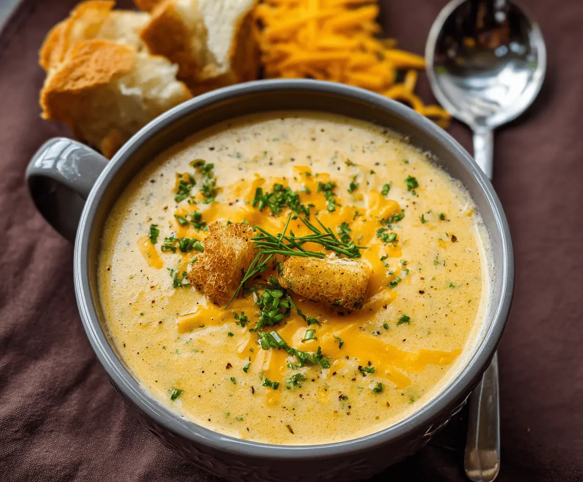 Creamy Cheddar Garlic Herb Potato Soup topped with melted cheese and fresh herbs in a bowl, perfect for a comforting meal.