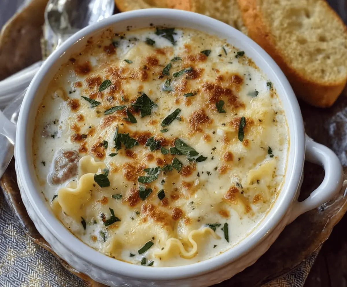 A steaming bowl of cheesy Alfredo lasagna soup topped with melted cheese, fresh herbs, and pasta layers, served in a rustic bowl for a hearty, cheesy Italian-inspired meal.