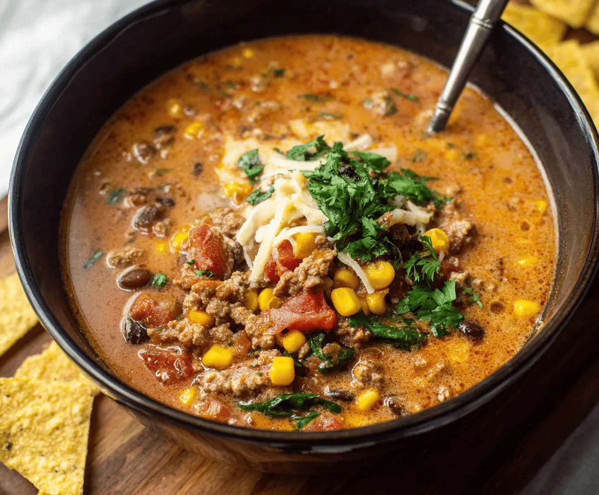 Delicious Cheesy Ground Beef Taco Soup in a bowl with melted cheese, seasoned ground beef, beans, and fresh toppings ready to serve