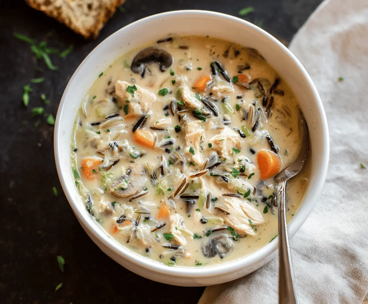 Creamy chicken wild rice soup in a bowl garnished with herbs, featuring tender chicken, wild rice, and vegetables, served with bread on a rustic wooden table.