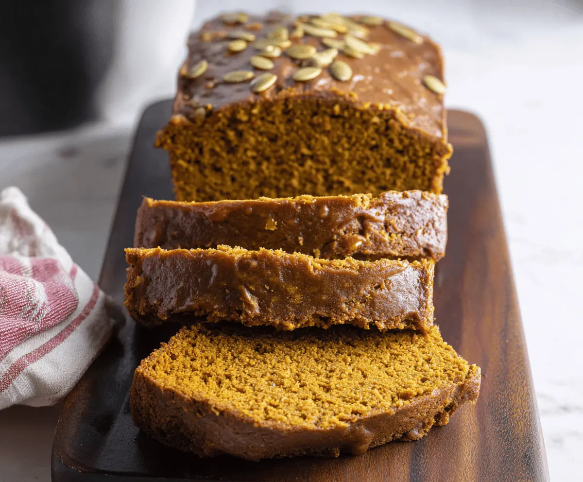 Delicious homemade Copycat Starbucks Pumpkin Bread topped with walnuts and a drizzle of glaze on a rustic wooden table