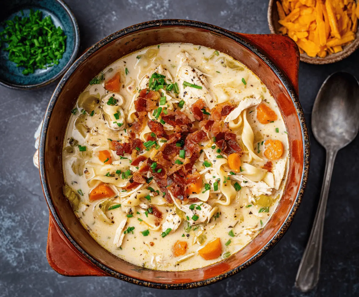 Creamy Crack Chicken Noodle Soup in a bowl with shredded chicken, egg noodles, vegetables, and herbs, perfect for comforting and hearty meals