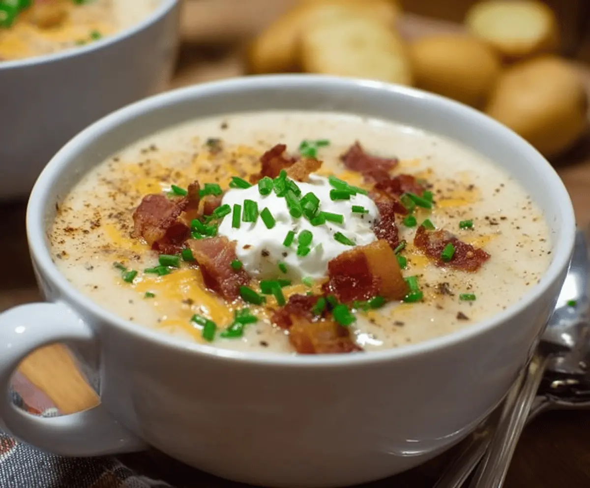 A bowl of creamy bacon potato soup topped with crispy bacon bits and fresh herbs, served with bread on the side.