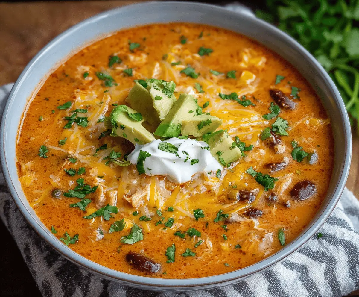 A bowl of creamy enchilada soup topped with shredded cheese, chopped cilantro, and a dollop of sour cream, served with tortilla chips on the side.