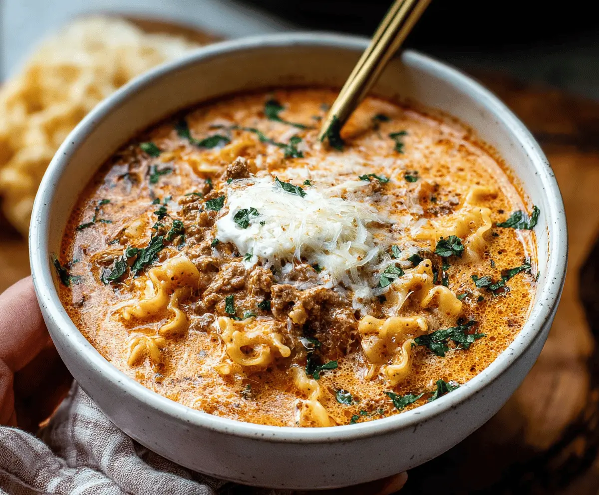 Creamy Instant Pot Lasagna Soup in a bowl topped with melted cheese and fresh basil, ready to serve