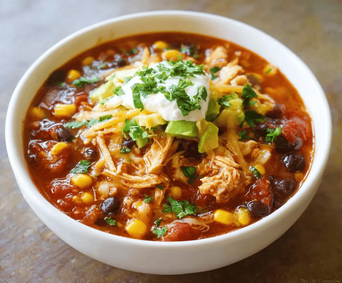 Hearty Crockpot Chicken Taco Soup in a bowl with fresh toppings, ready to serve