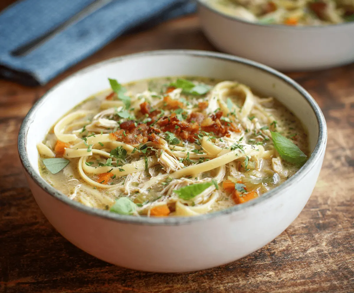A bowl of hearty dairy-free chicken noodle soup with tender chicken, vegetables, and noodles in a flavorful broth, perfect for a comforting meal.