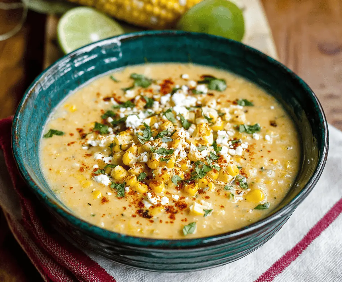 Creamy Elote Corn Soup topped with fresh cilantro, crumbled cheese, and a drizzle of chili powder, served in a bowl with lime wedges