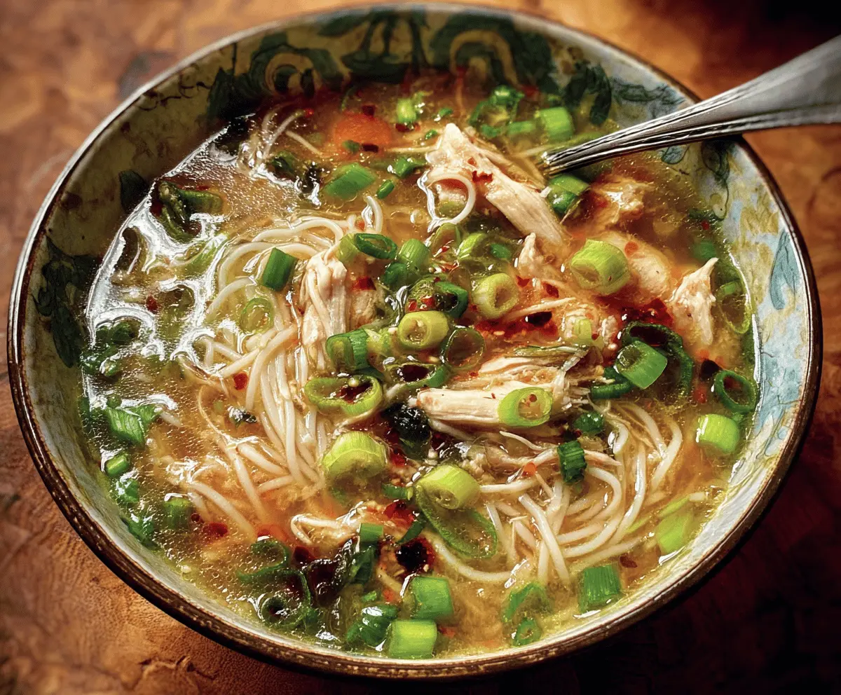 Delicious ginger garlic chicken noodle soup with fresh herbs and vegetables in a steaming bowl