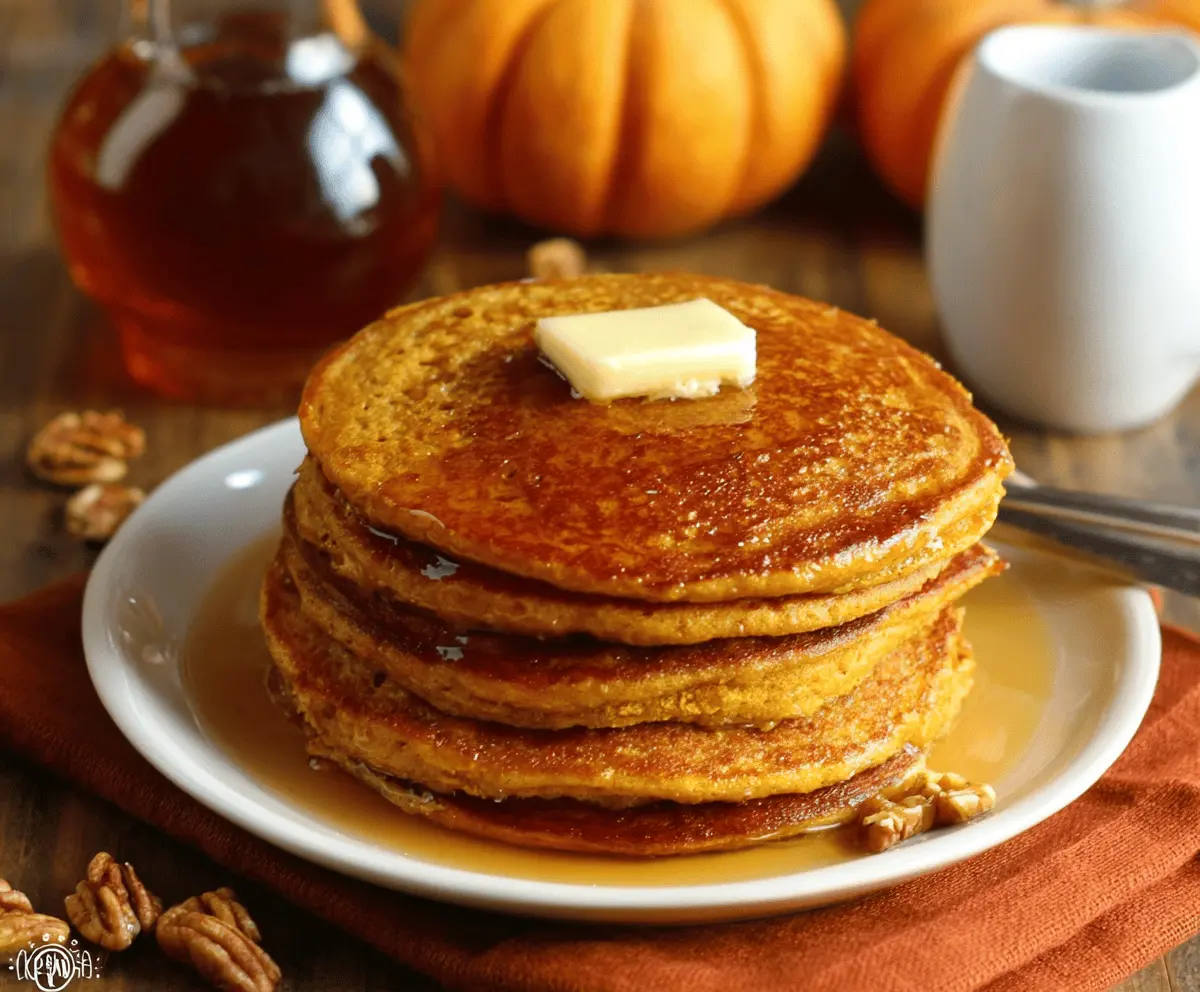 Delicious gluten-free pumpkin pancakes topped with whipped cream and cinnamon on a plate, perfect for breakfast or brunch.