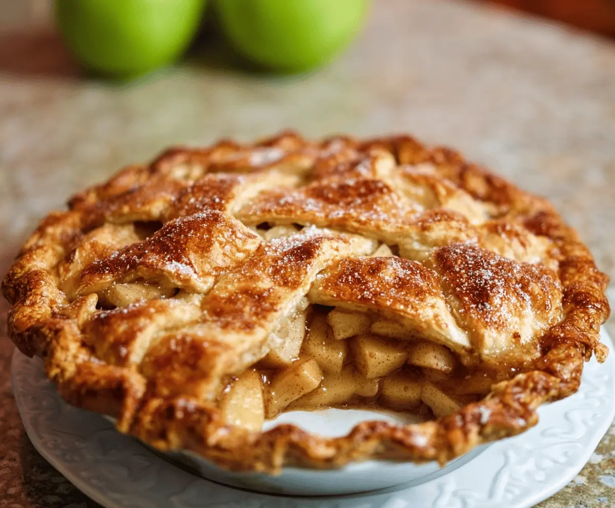 Delicious homemade apple pie with flaky golden crust and sliced fresh apples, perfect for dessert or special occasions