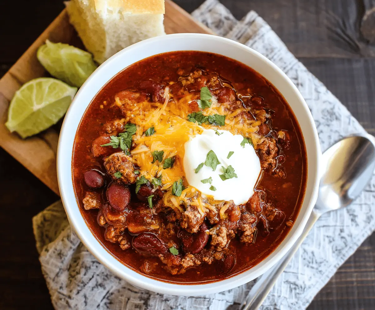 Delicious homemade Instant Pot chili in a bowl with beef, beans, tomatoes, and spices, ready to serve