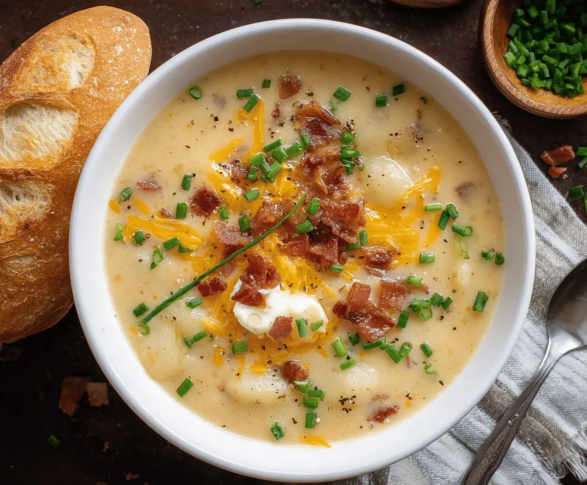 Creamy Instant Pot Potato Soup in a bowl garnished with fresh herbs, served with a spoon and crusty bread on the side.
