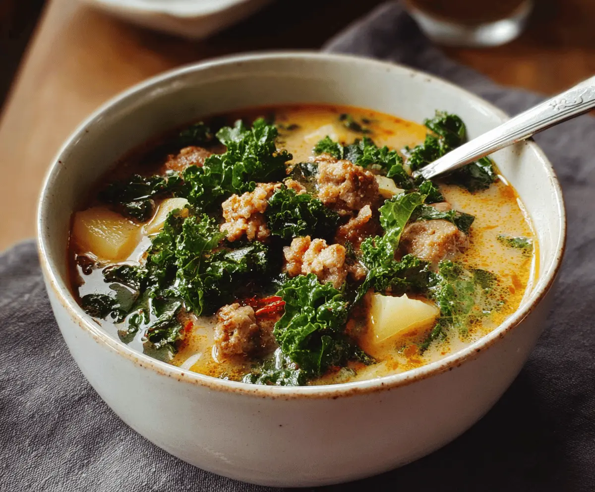 A steaming bowl of hearty Kale and Sausage Soup featuring vibrant green kale, sliced sausage, and flavorful broth, perfect for a comforting meal.