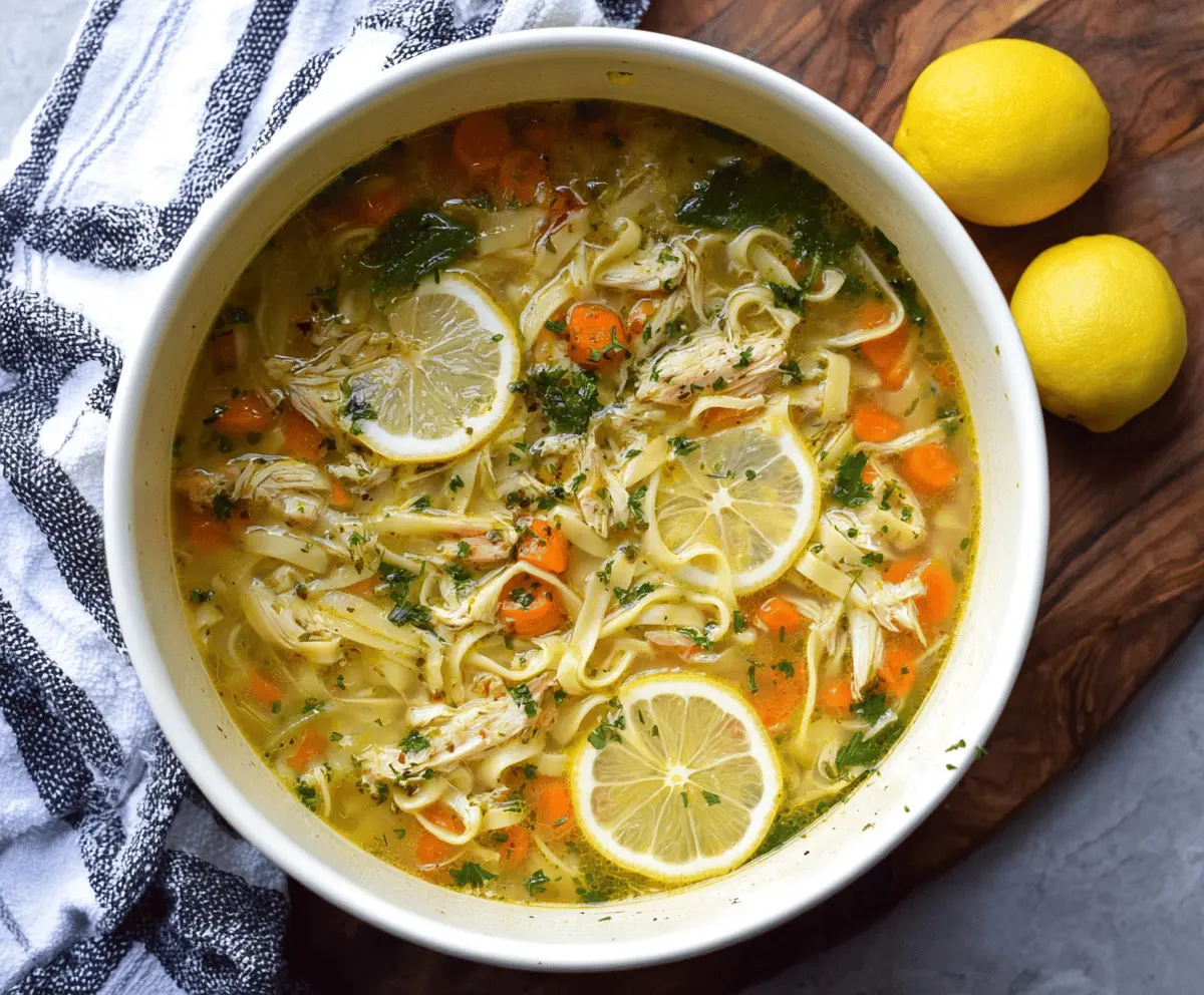 A steaming bowl of Lemon Pepper Chicken Noodle Soup garnished with fresh herbs and lemon slices, perfect for a comforting and flavorful meal.