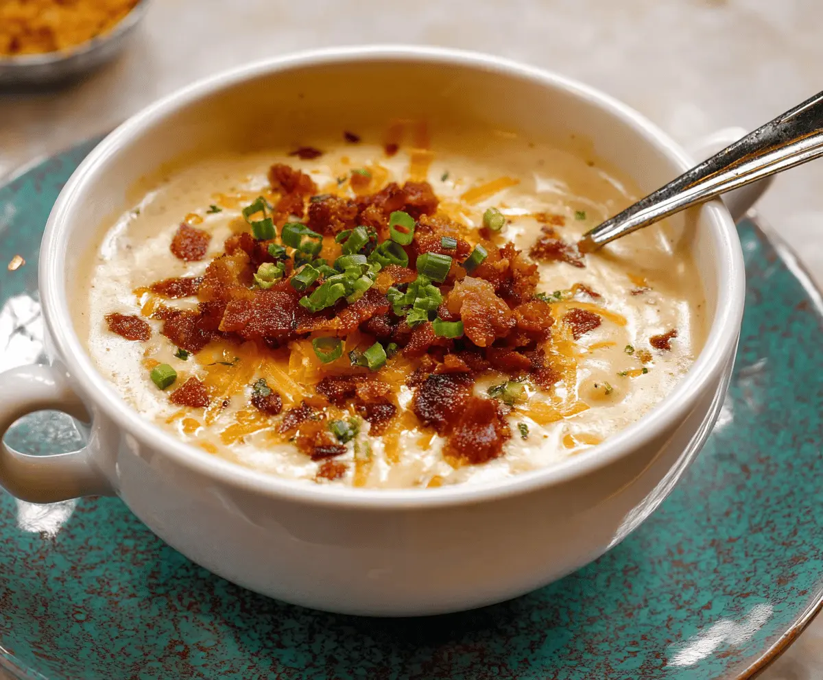 Creamy loaded potato soup topped with shredded cheese, crispy bacon, chopped green onions, and a dollop of sour cream in a rustic bowl