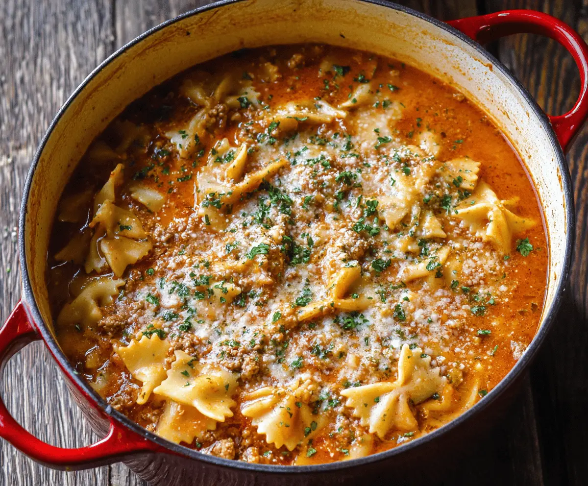 A steaming bowl of One-Pot Cheesy Lasagna Soup garnished with fresh basil and melted cheese, served in a rustic bowl with a spoon ready to enjoy a hearty, cheesy Italian-inspired meal.