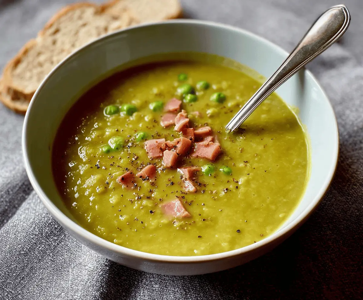 Creamy pea and ham soup garnished with fresh herbs in a bowl, served with crusty bread on a rustic wooden table.