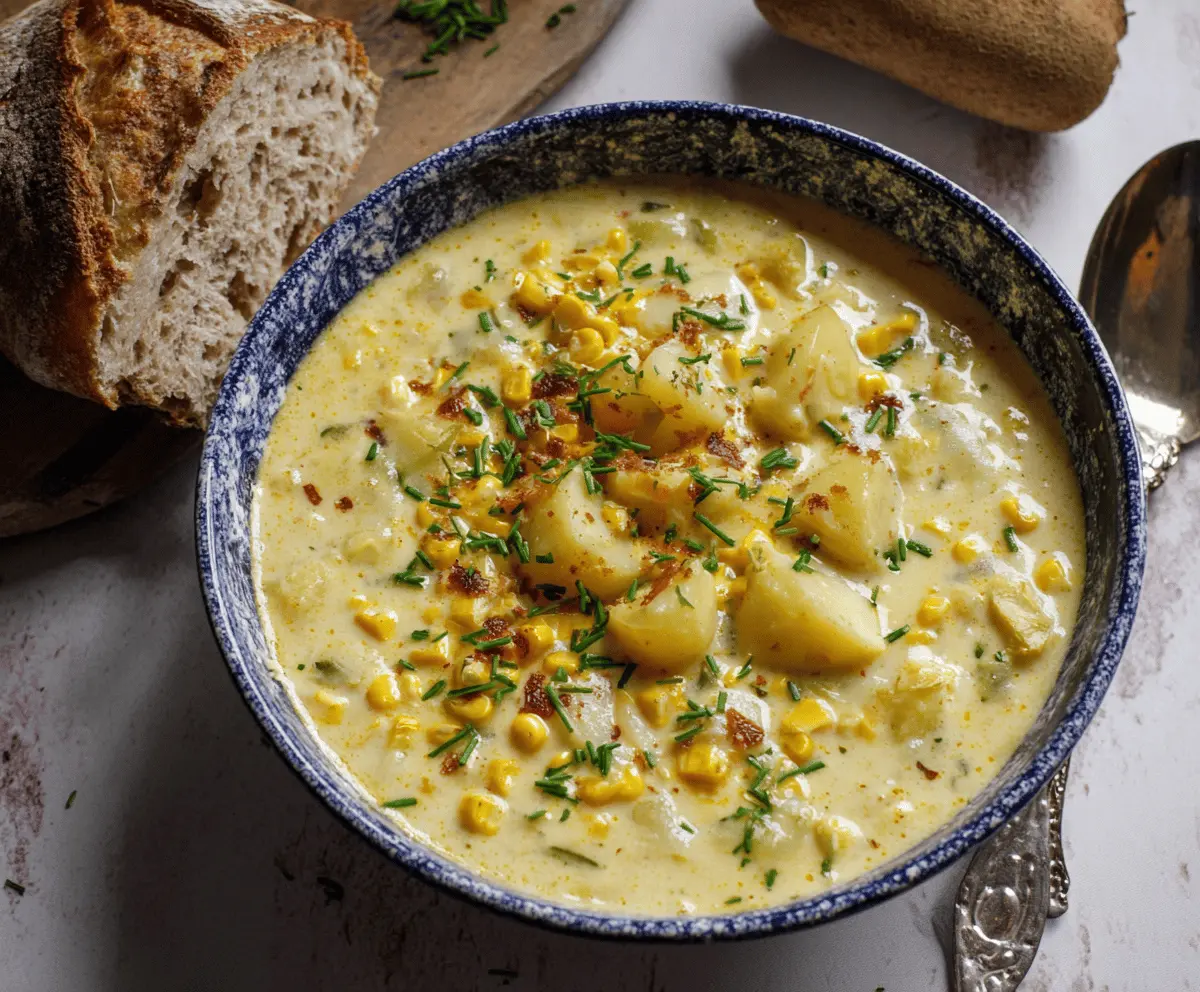 Creamy potato corn chowder in a bowl topped with fresh herbs, served with a slice of crusty bread on a rustic table.