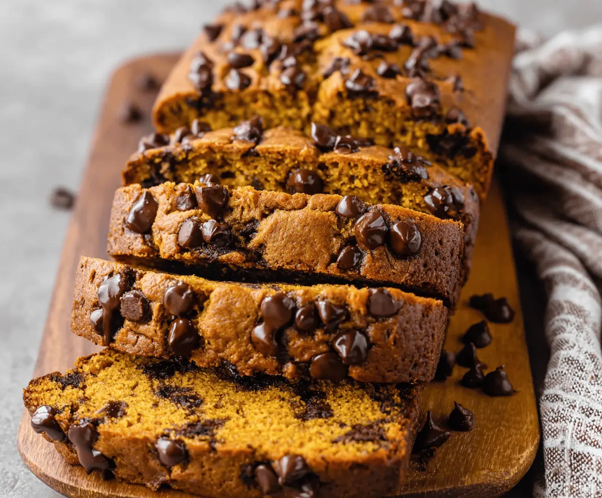Delicious homemade pumpkin chocolate chip bread sliced and ready to enjoy, featuring a moist texture with chocolate chips and autumn spices.