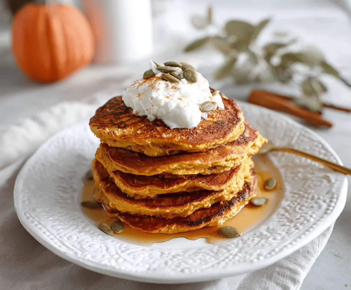 Delicious Pumpkin Cottage Cheese Pancakes topped with fresh berries and maple syrup on a white plate, perfect for a healthy breakfast