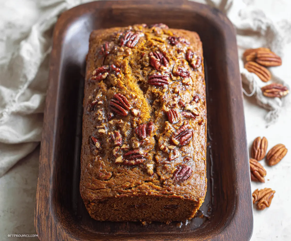 Golden Pumpkin Pecan Bread topped with toasted pecans and a drizzle of glaze, perfect for fall baking.