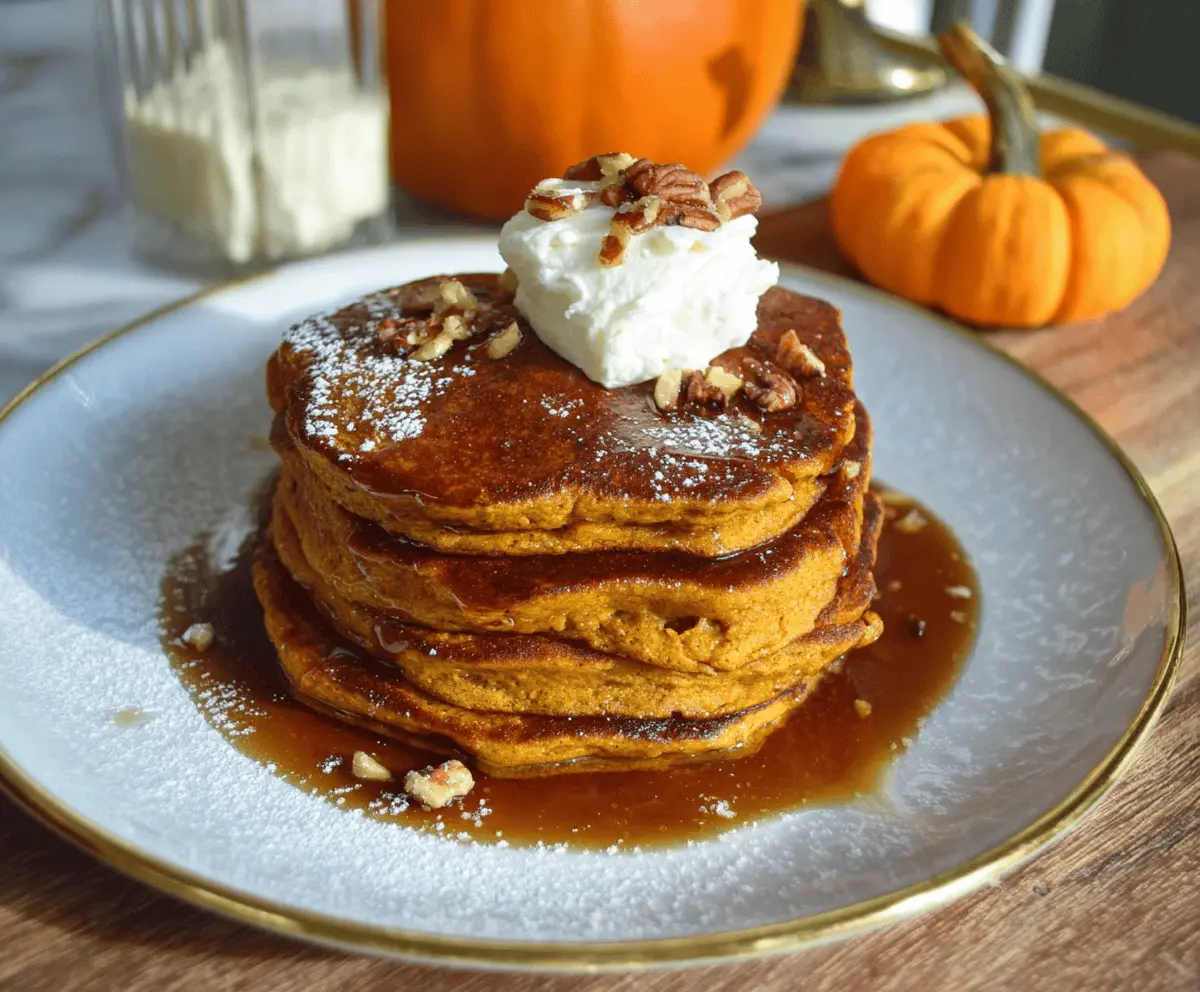Fluffy pumpkin pie spice pancakes topped with whipped cream and cinnamon, served on a plate with fresh fruit for a delicious fall breakfast.