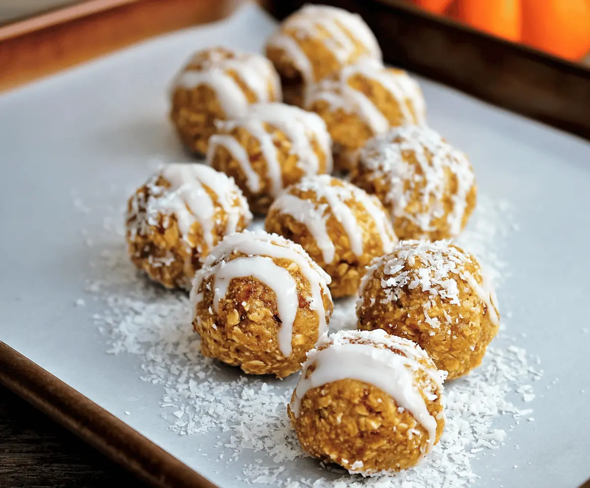 Creamy Pumpkin Protein Snowball Bites on a plate, featuring bite-sized, no-bake energy bites with pumpkin, nuts, and shredded coconut, perfect for a healthy snack.