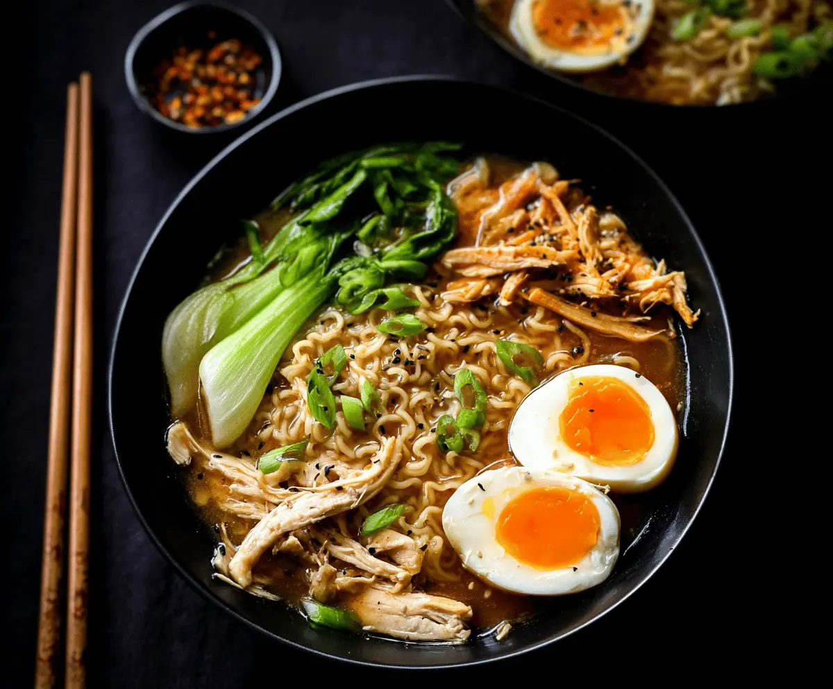 Delicious steaming bowl of ramen chicken noodle soup with sliced chicken, soft boiled eggs, green onions, and savory broth, perfect for a comforting meal.
