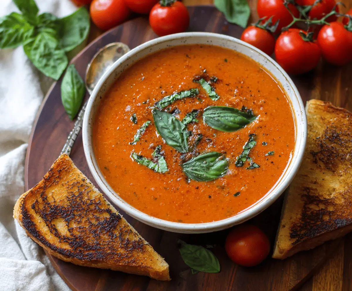 A steaming bowl of roasted tomato basil soup garnished with fresh basil leaves, served with crusty bread on a rustic wooden table.