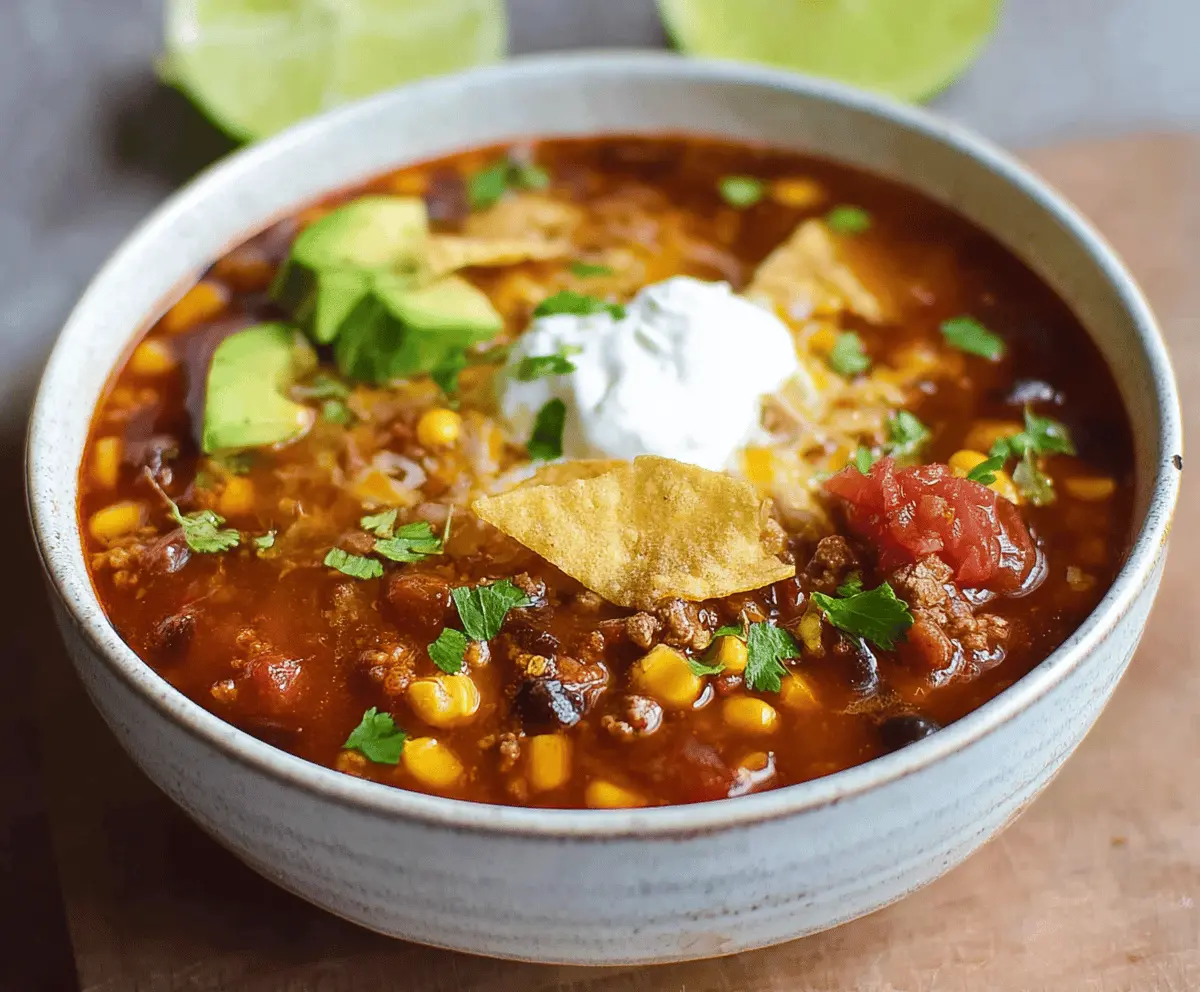 Delicious slow cooker taco soup with ground beef, beans, corn, and topped with shredded cheese and fresh cilantro in a bowl