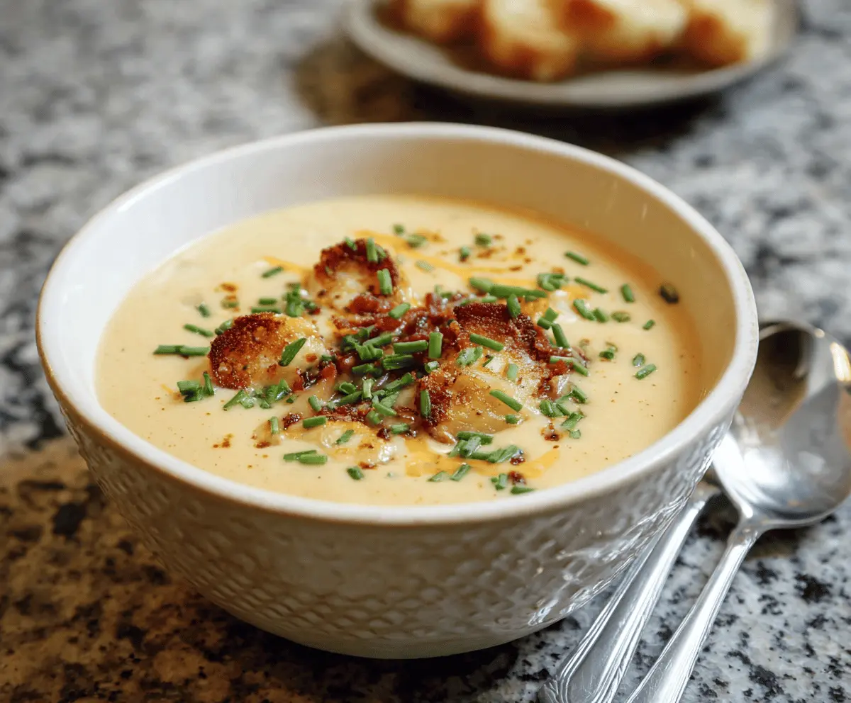 Creamy smoked Gouda potato soup topped with fresh herbs in a rustic bowl, perfect for a cozy meal