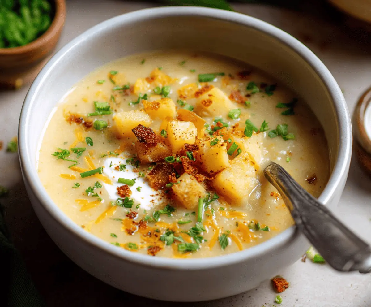 Creamy vegan potato soup garnished with fresh herbs in a rustic bowl, perfect for a comforting plant-based meal.
