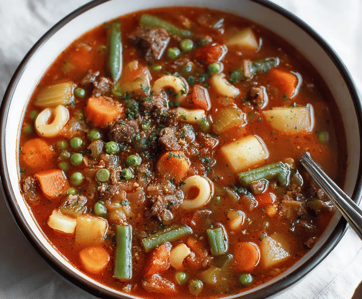 A steaming bowl of hearty vegetable beef soup with tender beef chunks, colorful vegetables, and fresh herbs, perfect for a comforting meal.